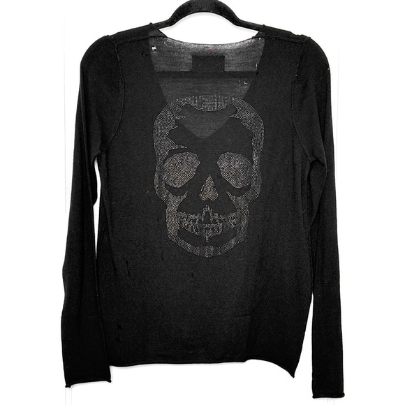 ZADIG & VOLTAIRE Merino Wool Distressed V-Neck Crystal Studded Skull Sweater XS - Picture 4 of 10